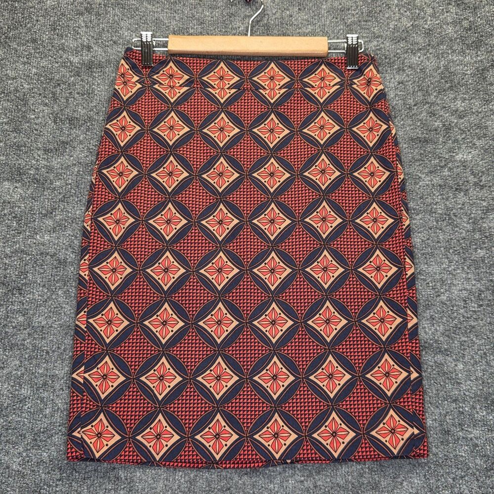 Ann Taylor Skirt Womens 0 Orange Navy Geometric Pencil Lined Stretch Knee Length